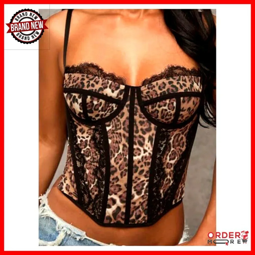 Y2K Lace Leopard Print Crop Corset Top Rave Club Going Out Camisole - Picture 4 of 5